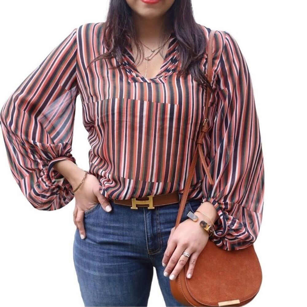 CAbi Relaxed Fit V-Neck Tunic Blouse Full Sleeves Striped Size Small